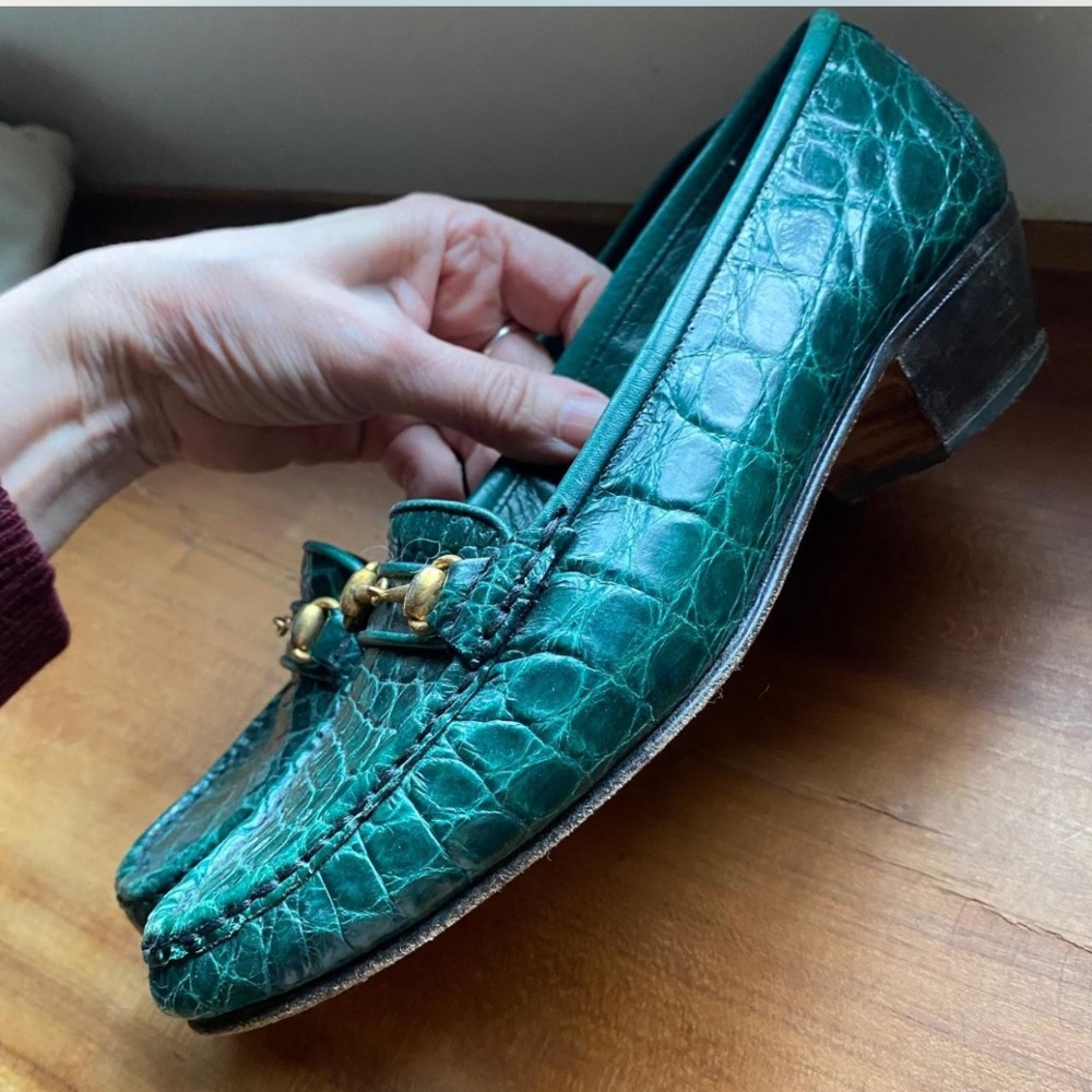 True vintage Gucci green crocodile skin horsebit loafers 1970s